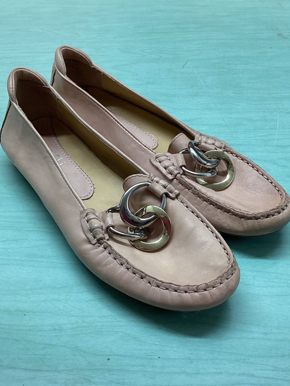 Van Eli Blush Leather Loafers with Silver-Tone Chain